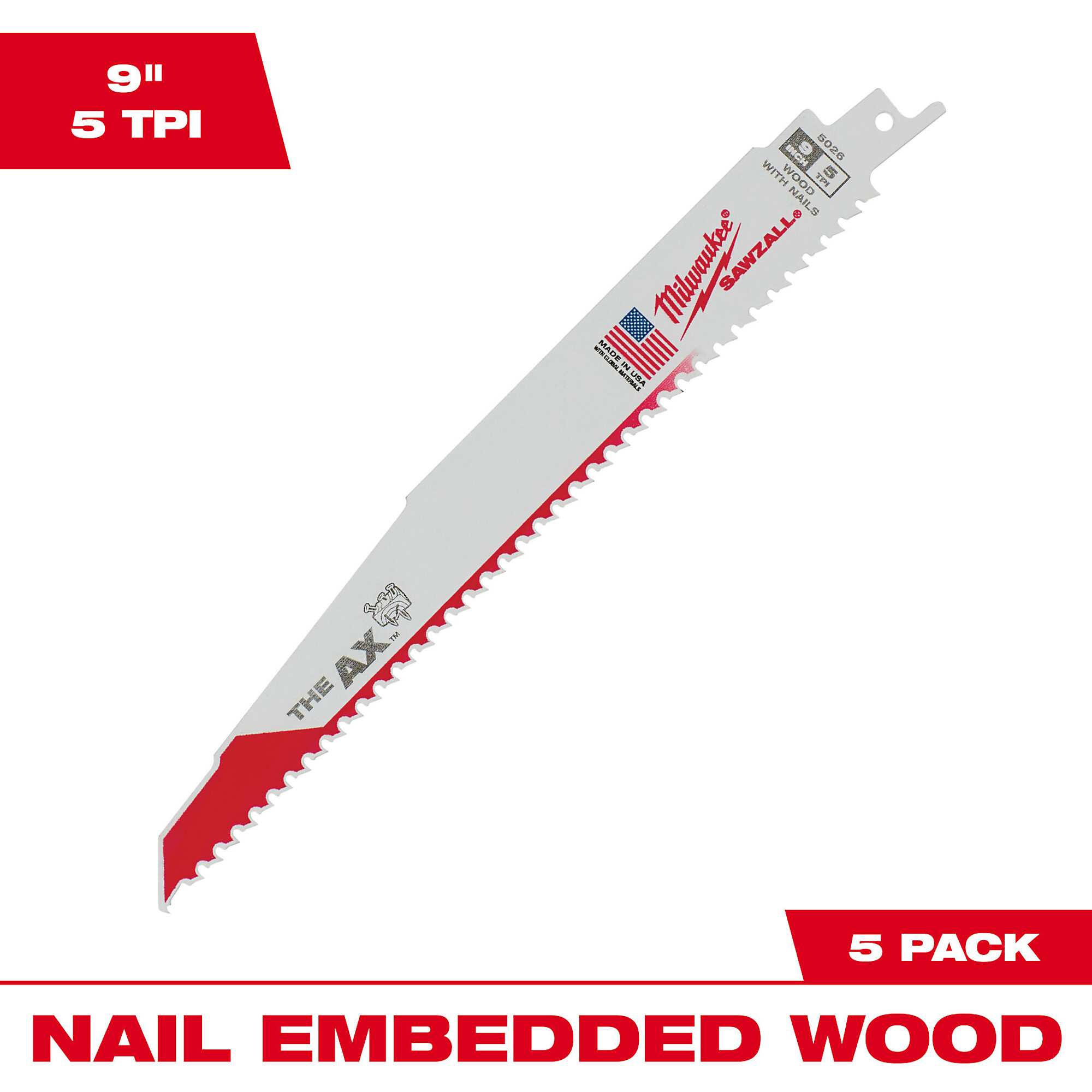 Milwaukee 5-Pk. SAWZALL The AX Blade, 9in., 5 TPI, Model# 48-00-5026
